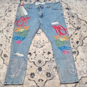 Off-White Embroidered Distressed Denim Jean Mens A Collection Multicolor Graphic